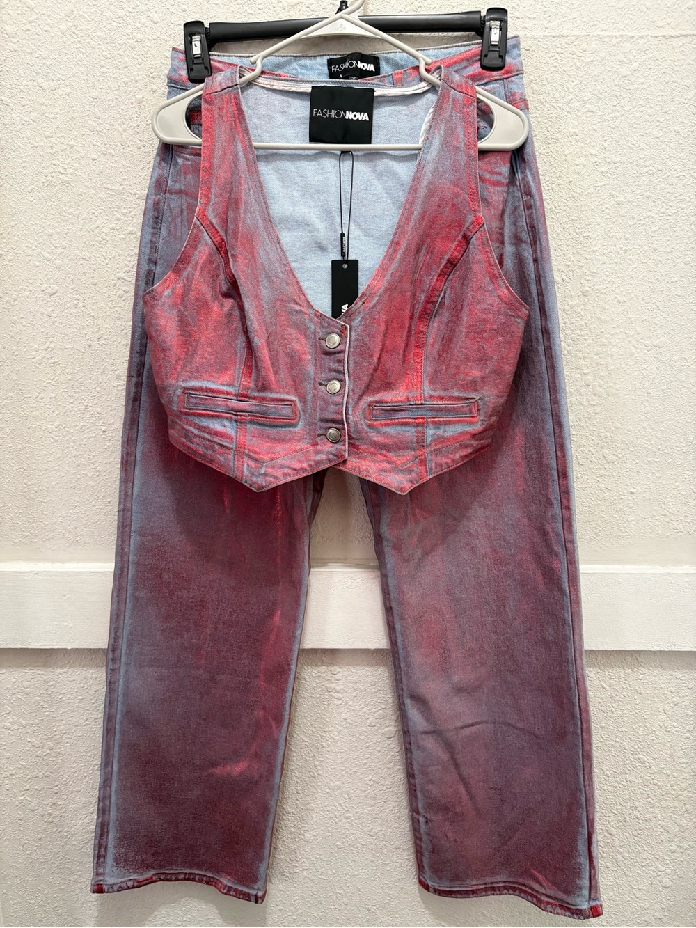 Fashion Nova Freida Foil Red Denim Vest and Straight Leg Jeans NWT L, 9